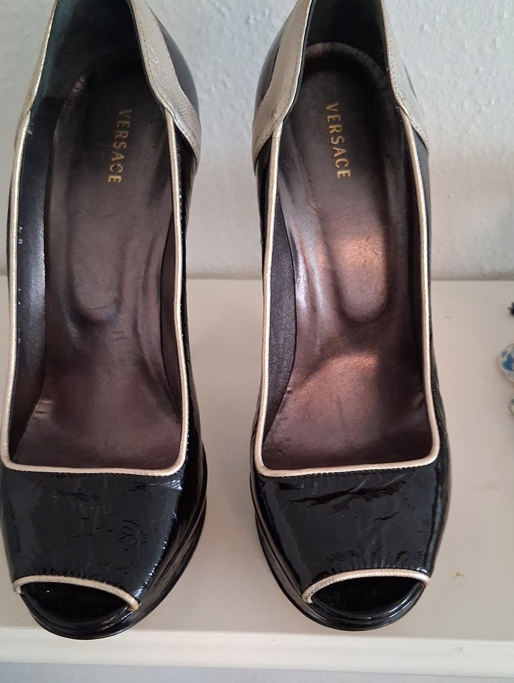 Versace Black Patent Peep-Toe Pumps with Gold Trim
